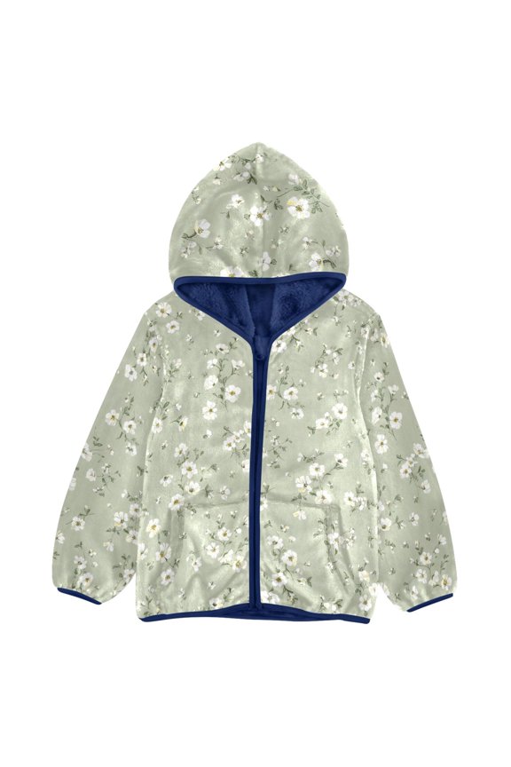 BZSMCE Double-Sided Sherpa Fleece Hooded Zipper Jacket Beautiful White Floral Pattern Batik Dye Method Print Warm Outerwear