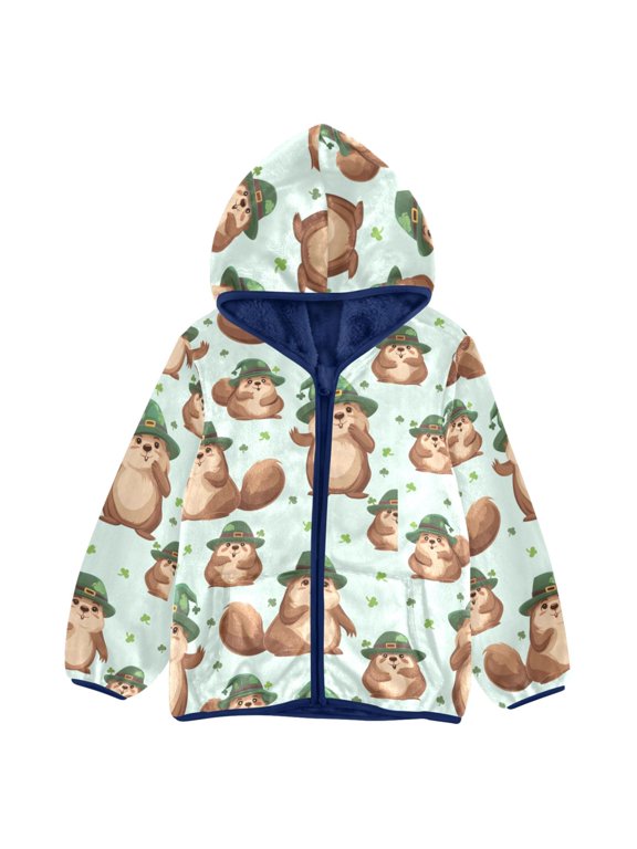 BZSMCE Double-Sided Sherpa Fleece Hooded Zipper Jacket Beaver Clover Pattern Pattern Batik Dye Method Print Warm Outerwear