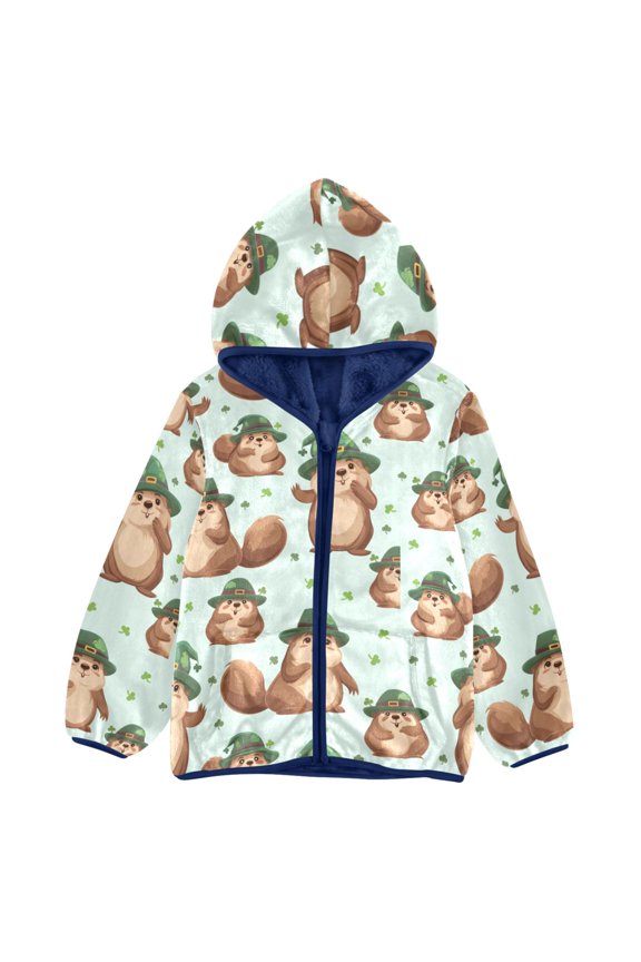 BZSMCE Double-Sided Sherpa Fleece Hooded Zipper Jacket Beaver Clover Pattern Pattern Batik Dye Method Print Warm Outerwear
