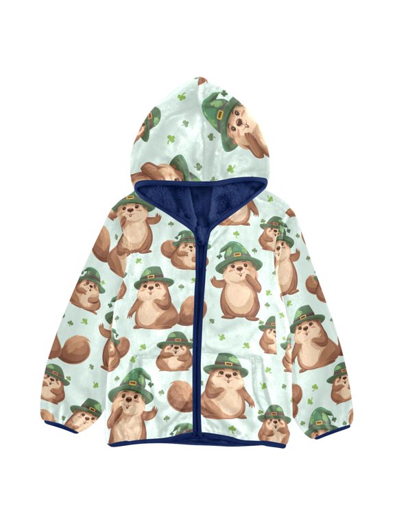 BZSMCE Double-Sided Sherpa Fleece Hooded Zipper Jacket Beaver Clover Pattern Pattern Batik Dye Method Print Warm Outerwear