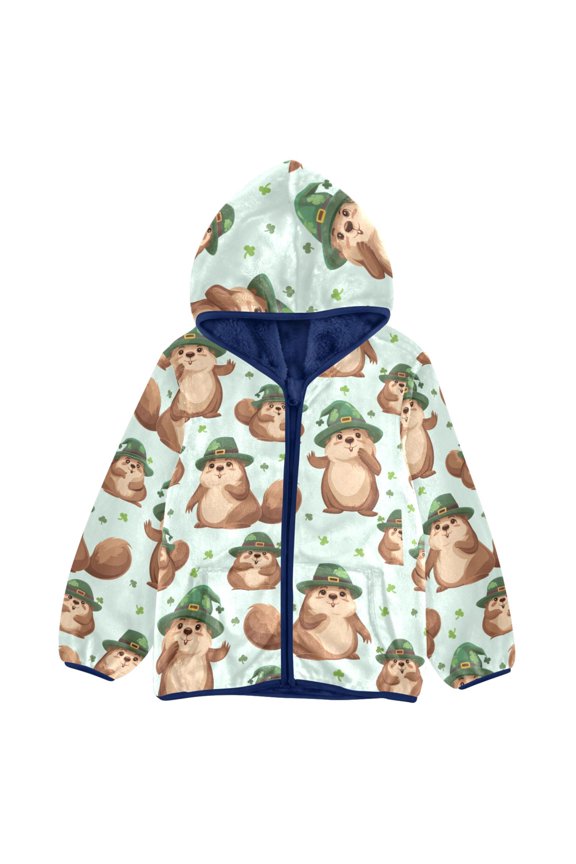 BZSMCE Double-Sided Sherpa Fleece Hooded Zipper Jacket Beaver Clover Pattern Pattern Batik Dye Method Print Warm Outerwear