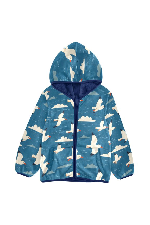 BZSMCE Double-Sided Sherpa Fleece Hooded Zipper Jacket Bird White Cloud Pattern Batik Dye Method Print Warm Outerwear
