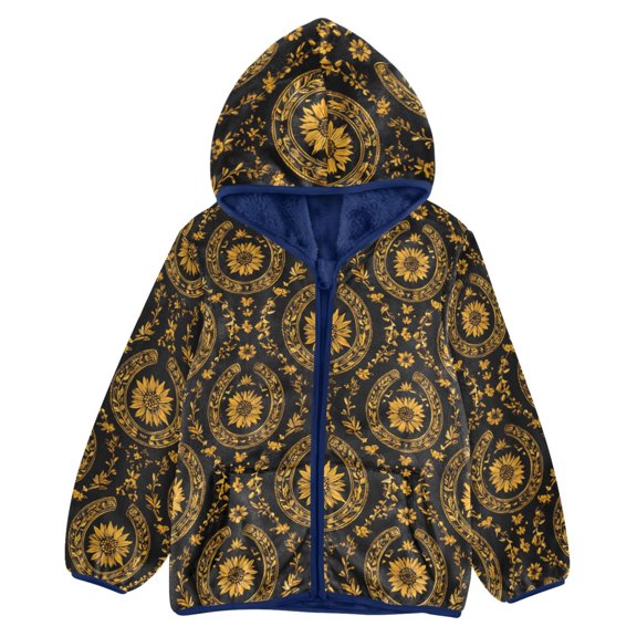 BZSMCE Double-Sided Sherpa Fleece Hooded Zipper Jacket Black Background Sunflower Flower Pattern Pattern Batik Dye Method Print Warm Outerwear