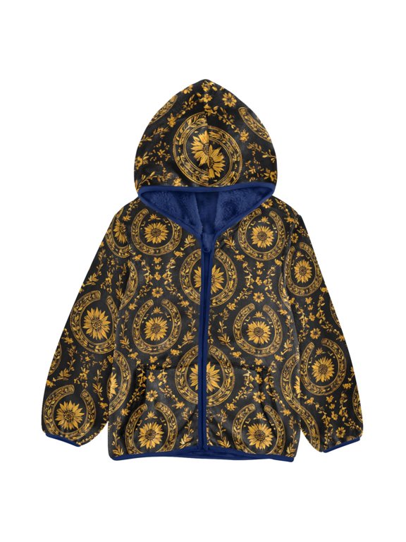 BZSMCE Double-Sided Sherpa Fleece Hooded Zipper Jacket Black Background Sunflower Flower Pattern Pattern Batik Dye Method Print Warm Outerwear