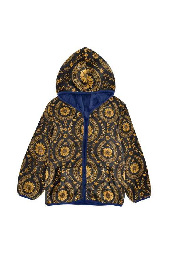 BZSMCE Double-Sided Sherpa Fleece Hooded Zipper Jacket Black Background Sunflower Flower Pattern Pattern Batik Dye Method Print Warm Outerwear