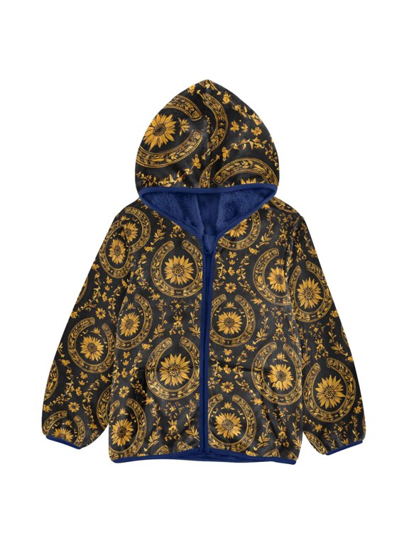 BZSMCE Double-Sided Sherpa Fleece Hooded Zipper Jacket Black Background Sunflower Flower Pattern Pattern Batik Dye Method Print Warm Outerwear