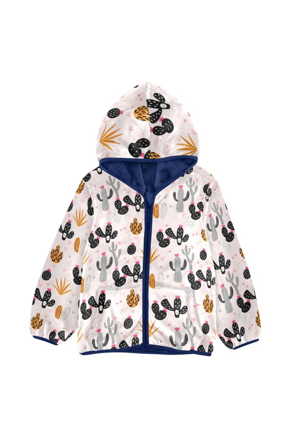 BZSMCE Double-Sided Sherpa Fleece Hooded Zipper Jacket Black Cactus Pattern Pattern Batik Dye Method Print Warm Outerwear