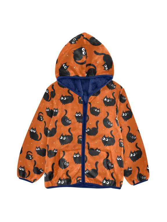 BZSMCE Double-Sided Sherpa Fleece Hooded Zipper Jacket Black Cats with Their Tails Pattern Pattern Batik Dye Method Print Warm Outerwear