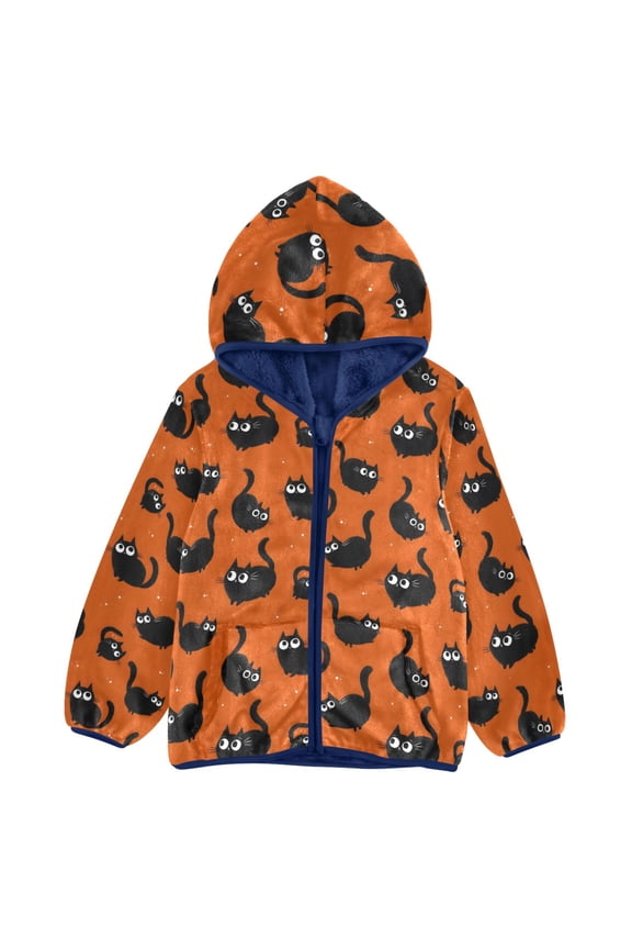 BZSMCE Double-Sided Sherpa Fleece Hooded Zipper Jacket Black Cats with Their Tails Pattern Pattern Batik Dye Method Print Warm Outerwear
