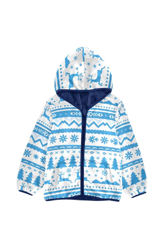 BZSMCE Double-Sided Sherpa Fleece Hooded Zipper Jacket Blue Aztec Geometric Pattern Pattern Batik Dye Method Print Warm Outerwear