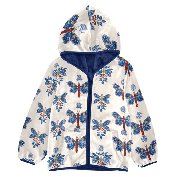BZSMCE Double-Sided Sherpa Fleece Hooded Zipper Jacket Blue Butterfly Pattern Pattern Batik Dye Method Print Warm Outerwear