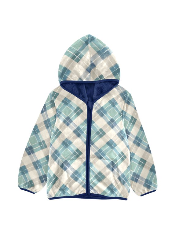 BZSMCE Double-Sided Sherpa Fleece Hooded Zipper Jacket Blue Diamond Plaid Pattern Batik Dye Method Print Warm Outerwear