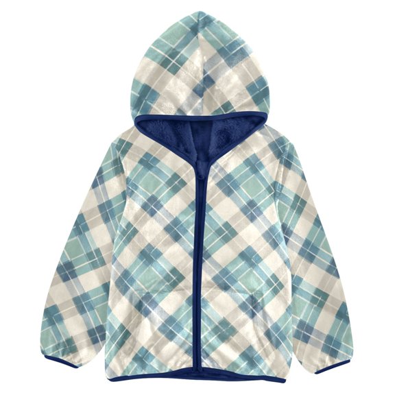 BZSMCE Double-Sided Sherpa Fleece Hooded Zipper Jacket Blue Diamond Plaid Pattern Batik Dye Method Print Warm Outerwear