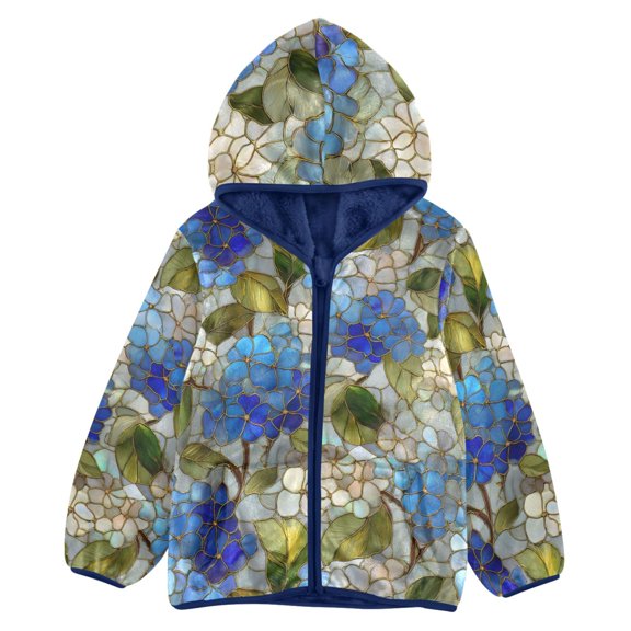 BZSMCE Double-Sided Sherpa Fleece Hooded Zipper Jacket Blue Flower Pattern Batik Dye Method Print Warm Outerwear