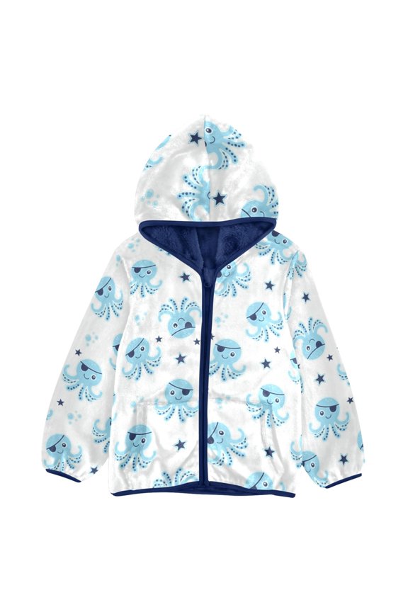 BZSMCE Double-Sided Sherpa Fleece Hooded Zipper Jacket Blue Octopus Pattern Batik Dye Method Print Warm Outerwear