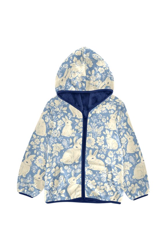 BZSMCE Double-Sided Sherpa Fleece Hooded Zipper Jacket Blue Rabbit Pattern Pattern Batik Dye Method Print Warm Outerwear
