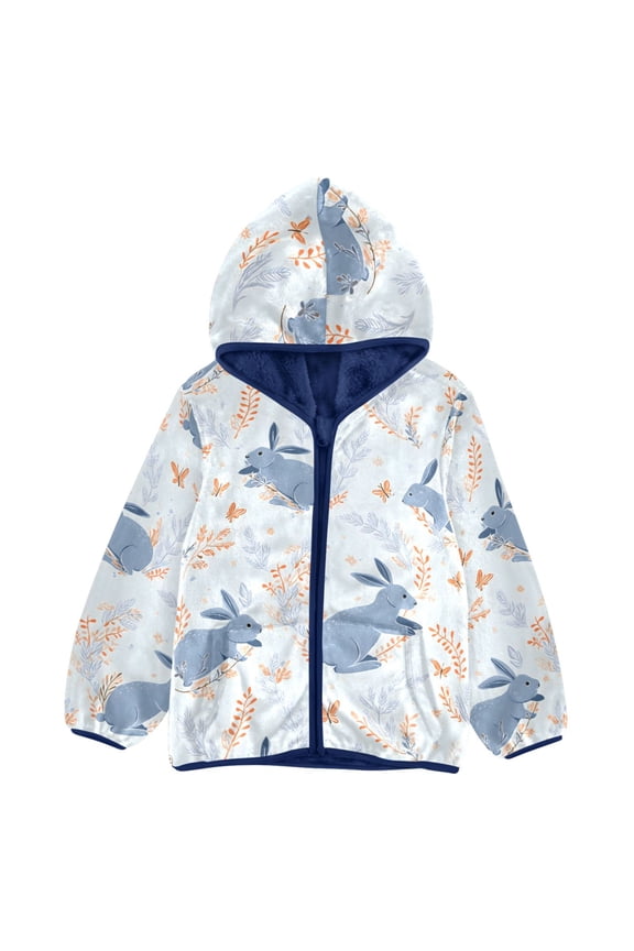 BZSMCE Double-Sided Sherpa Fleece Hooded Zipper Jacket Blue Rabbit Pattern Pattern Batik Dye Method Print Warm Outerwear