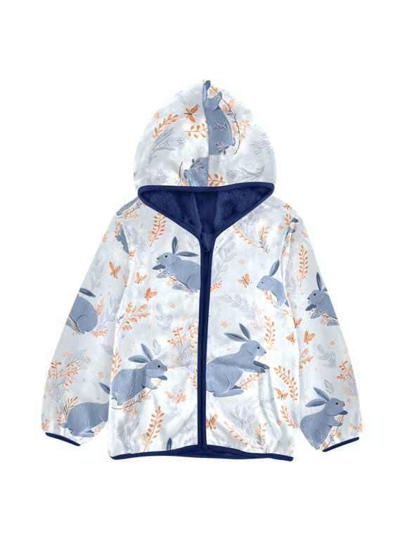 BZSMCE Double-Sided Sherpa Fleece Hooded Zipper Jacket Blue Rabbit Pattern Pattern Batik Dye Method Print Warm Outerwear