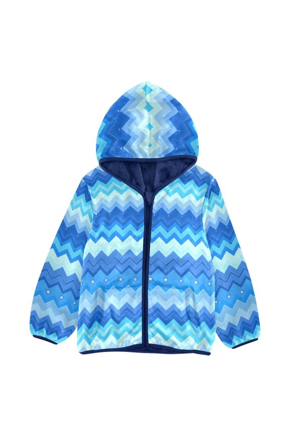 BZSMCE Double-Sided Sherpa Fleece Hooded Zipper Jacket Blue Stripes Pattern Batik Dye Method Print Warm Outerwear
