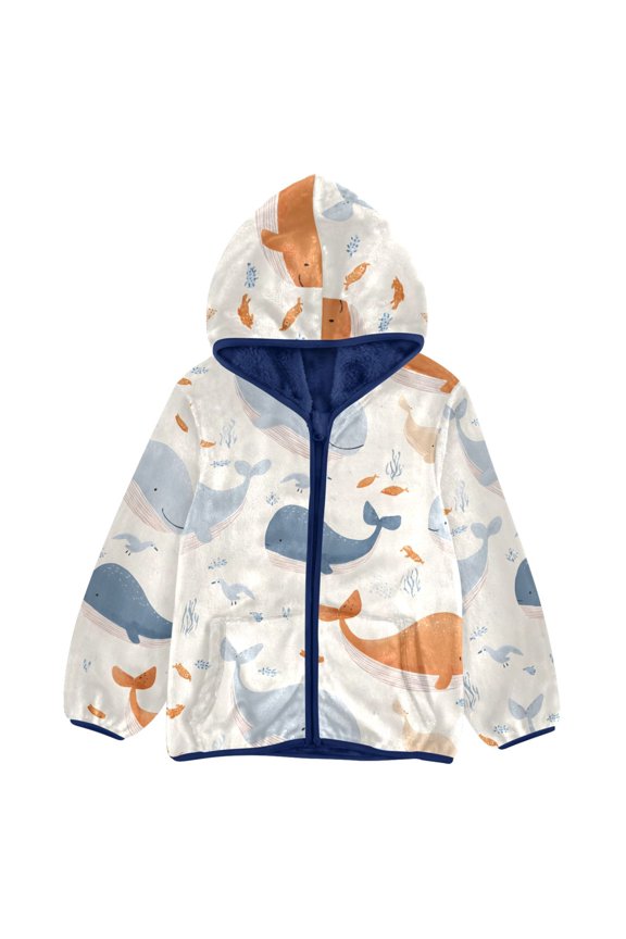 BZSMCE Double-Sided Sherpa Fleece Hooded Zipper Jacket Blue Whale Pattern Pattern Batik Dye Method Print Warm Outerwear