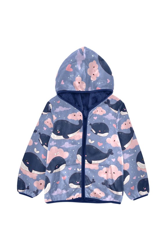 BZSMCE Double-Sided Sherpa Fleece Hooded Zipper Jacket Blue Whale Pattern Pattern Batik Dye Method Print Warm Outerwear
