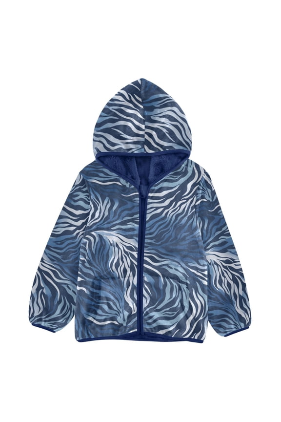 BZSMCE Double-Sided Sherpa Fleece Hooded Zipper Jacket Blue Zebra Print Pattern Batik Dye Method Print Warm Outerwear