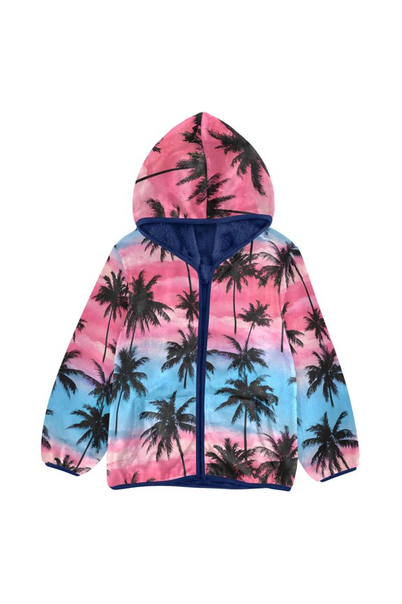BZSMCE Double-Sided Sherpa Fleece Hooded Zipper Jacket Blue-pink Palm Tree Pattern Pattern Batik Dye Method Print Warm Outerwear