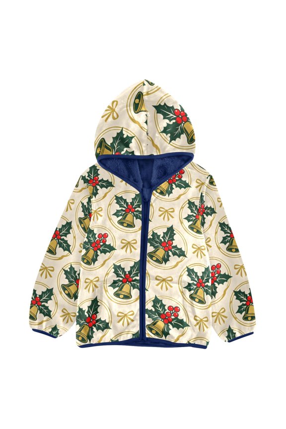 BZSMCE Double-Sided Sherpa Fleece Hooded Zipper Jacket Bow and Bell Pattern Pattern Batik Dye Method Print Warm Outerwear