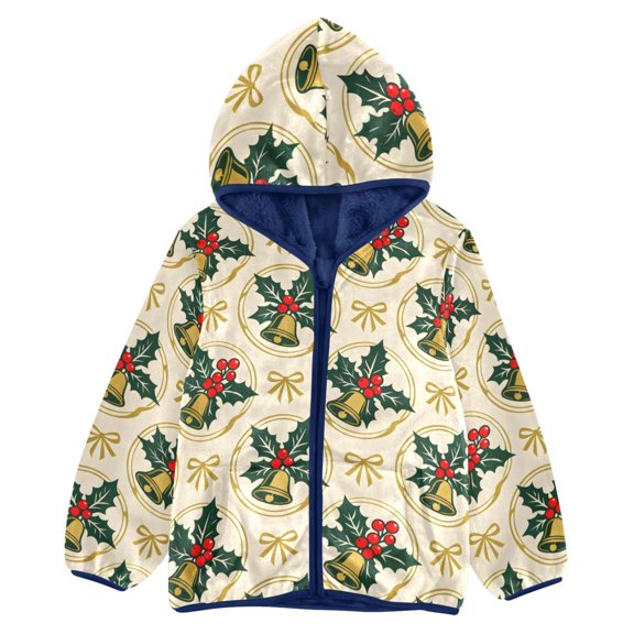 BZSMCE Double-Sided Sherpa Fleece Hooded Zipper Jacket Bow and Bell Pattern Pattern Batik Dye Method Print Warm Outerwear