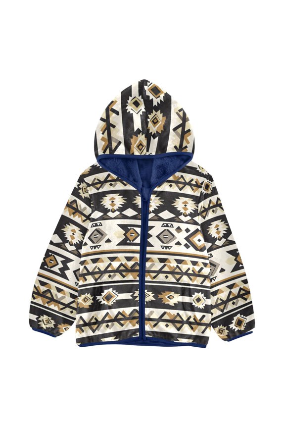 BZSMCE Double-Sided Sherpa Fleece Hooded Zipper Jacket Brown Black Aztec Geometry Pattern Pattern Batik Dye Method Print Warm Outerwear