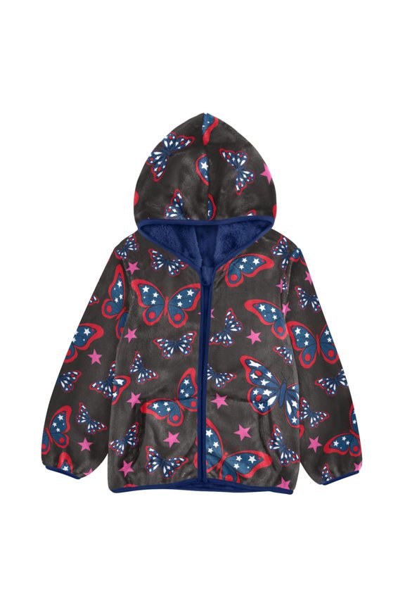 BZSMCE Double-Sided Sherpa Fleece Hooded Zipper Jacket Butterfly Pattern Pattern Batik Dye Method Print Warm Outerwear