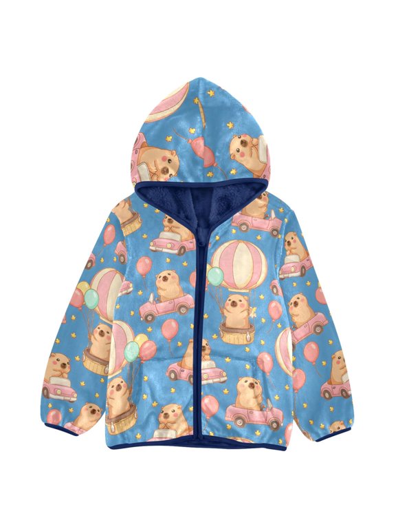 BZSMCE Double-Sided Sherpa Fleece Hooded Zipper Jacket Capybara Balloon Car Pattern Pattern Batik Dye Method Print Warm Outerwear