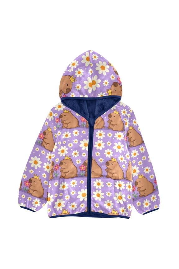 BZSMCE Double-Sided Sherpa Fleece Hooded Zipper Jacket Capybara Daisy Pattern Batik Dye Method Print Warm Outerwear