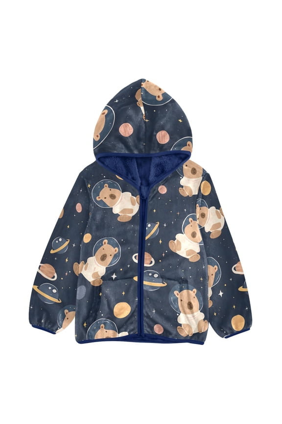 BZSMCE Double-Sided Sherpa Fleece Hooded Zipper Jacket Capybara Planet Star Pattern Pattern Batik Dye Method Print Warm Outerwear