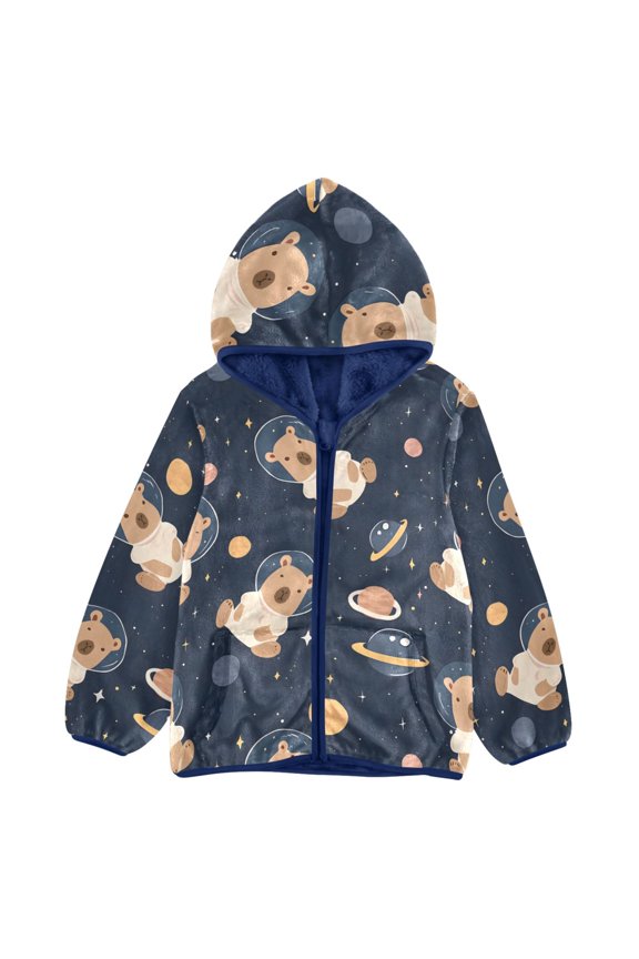 BZSMCE Double-Sided Sherpa Fleece Hooded Zipper Jacket Capybara Planet Star Pattern Pattern Batik Dye Method Print Warm Outerwear