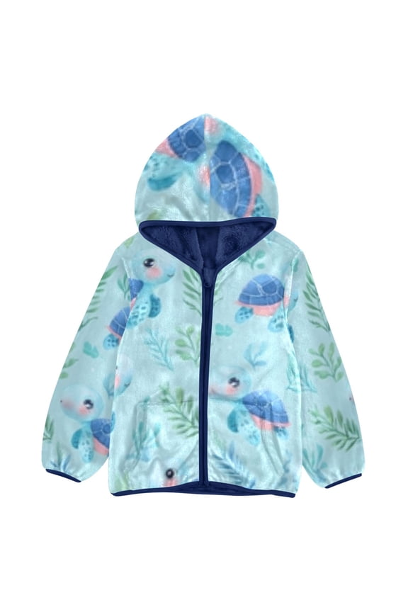 BZSMCE Double-Sided Sherpa Fleece Hooded Zipper Jacket Cartoon Blue Turtle Pattern Batik Dye Method Print Warm Outerwear