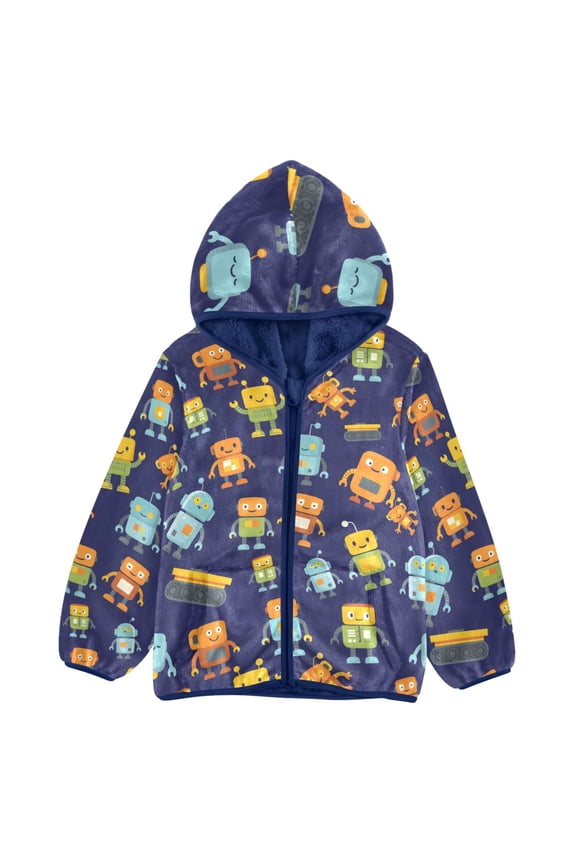 BZSMCE Double-Sided Sherpa Fleece Hooded Zipper Jacket Cartoon Robot Pattern Pattern Batik Dye Method Print Warm Outerwear
