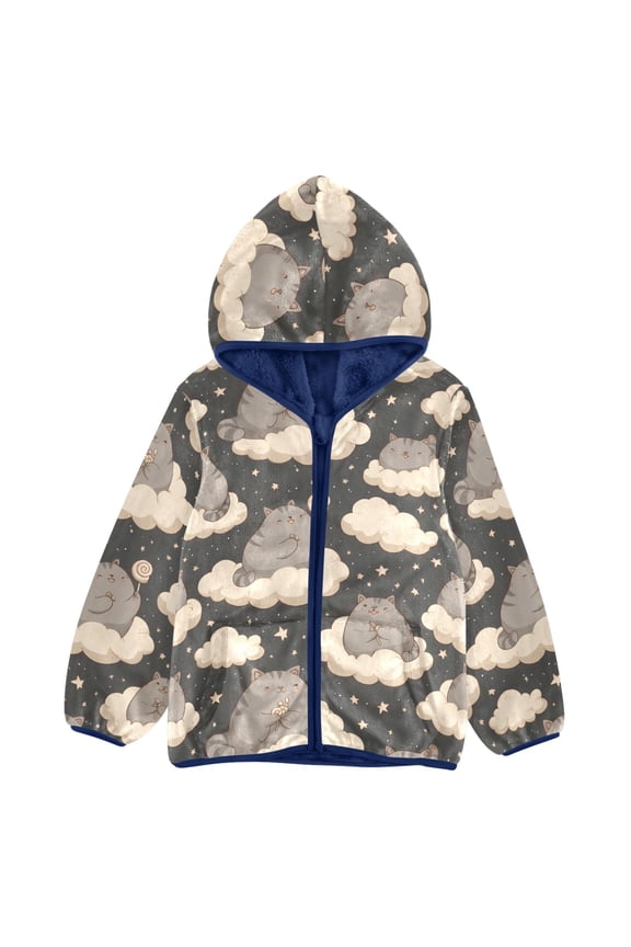BZSMCE Double-Sided Sherpa Fleece Hooded Zipper Jacket Cat Cloud Pattern Pattern Batik Dye Method Print Warm Outerwear