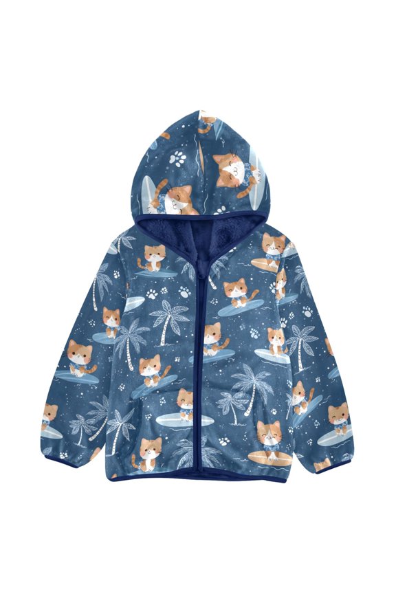BZSMCE Double-Sided Sherpa Fleece Hooded Zipper Jacket Cat Surfing Pattern Pattern Batik Dye Method Print Warm Outerwear