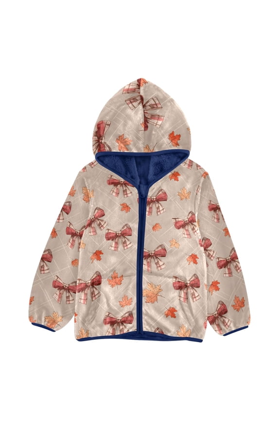 BZSMCE Double-Sided Sherpa Fleece Hooded Zipper Jacket Checkered Bow Leaves Pattern Pattern Batik Dye Method Print Warm Outerwear