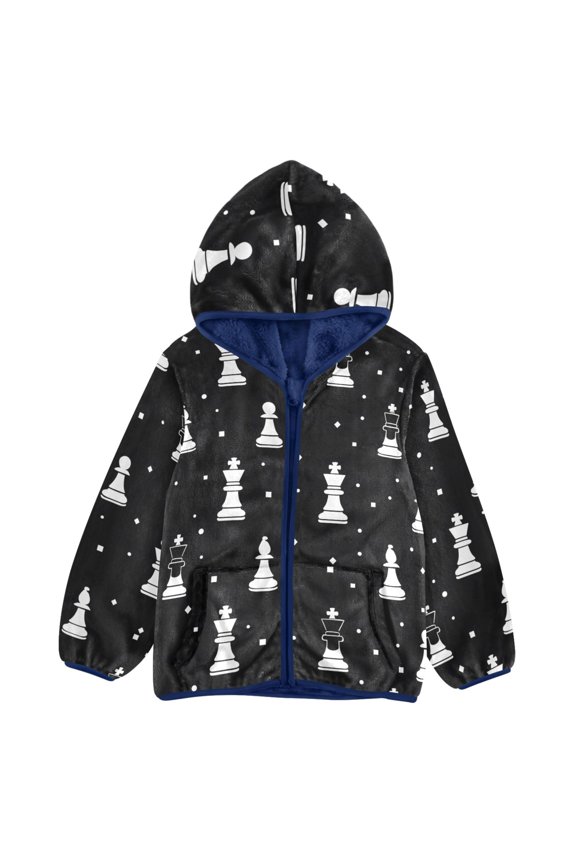 BZSMCE Double-Sided Sherpa Fleece Hooded Zipper Jacket Chess Black and White Silhouette Stars Squares Pattern Pattern Batik Dye Method Print Warm Outerwear