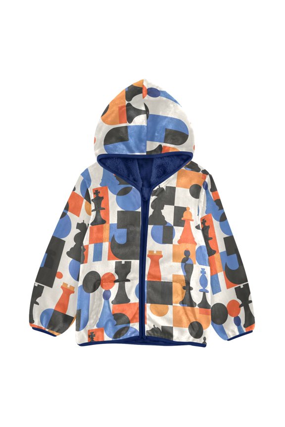 BZSMCE Double-Sided Sherpa Fleece Hooded Zipper Jacket Chess Geometric Patterns Pattern Pattern Batik Dye Method Print Warm Outerwear