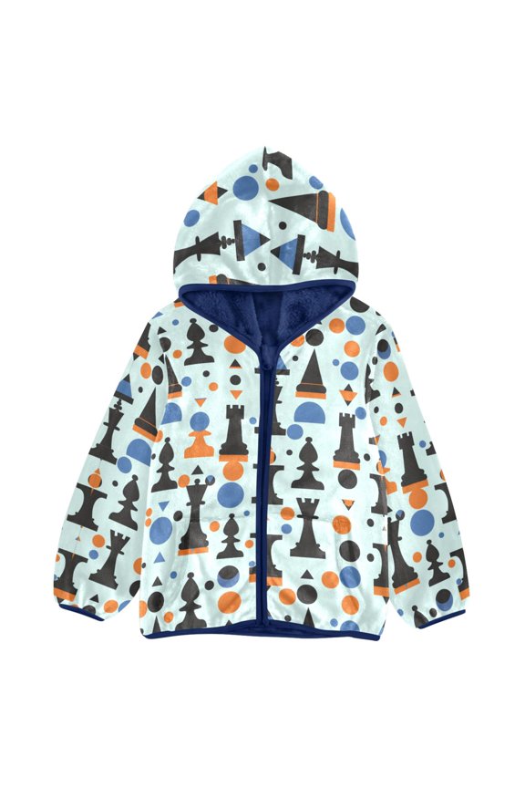 BZSMCE Double-Sided Sherpa Fleece Hooded Zipper Jacket Chess Geometric Silhouette Pattern Pattern Batik Dye Method Print Warm Outerwear