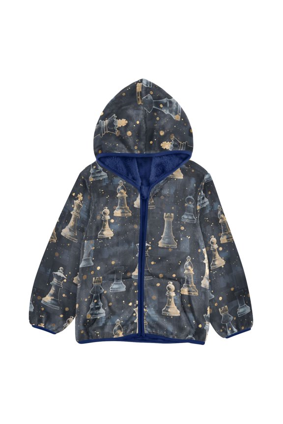 BZSMCE Double-Sided Sherpa Fleece Hooded Zipper Jacket Chess Gold Powder Checkered Pattern Pattern Pattern Batik Dye Method Print Warm Outerwear