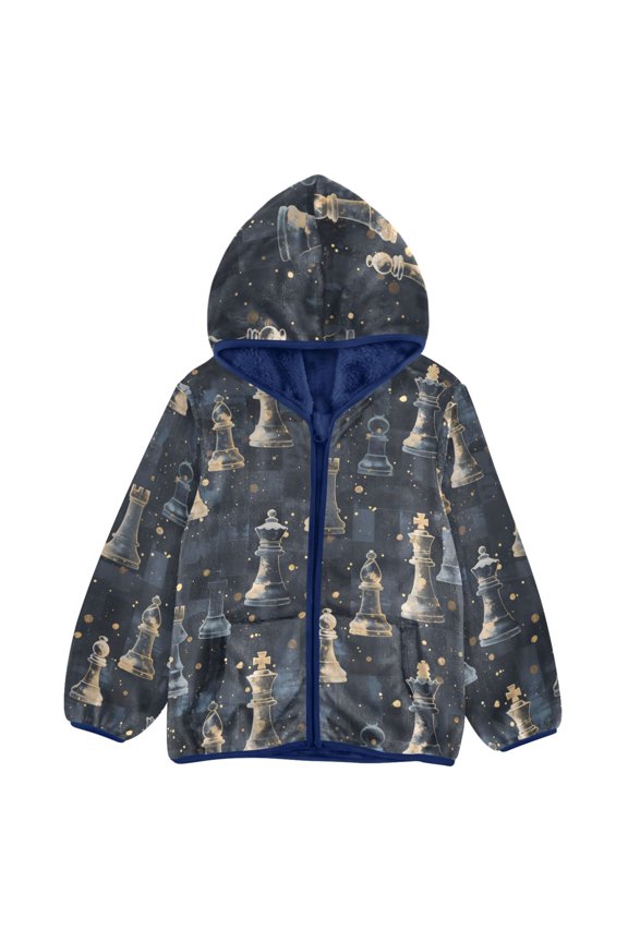 BZSMCE Double-Sided Sherpa Fleece Hooded Zipper Jacket Chess Gold Powder Checkered Pattern Pattern Pattern Batik Dye Method Print Warm Outerwear