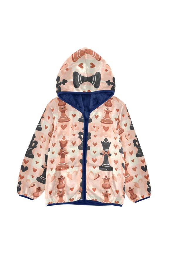 BZSMCE Double-Sided Sherpa Fleece Hooded Zipper Jacket Chess Orange Heart Bow Pattern Pattern Batik Dye Method Print Warm Outerwear