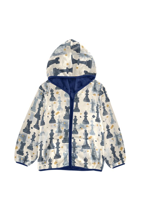BZSMCE Double-Sided Sherpa Fleece Hooded Zipper Jacket Chess Silhouette Pattern Pattern Batik Dye Method Print Warm Outerwear