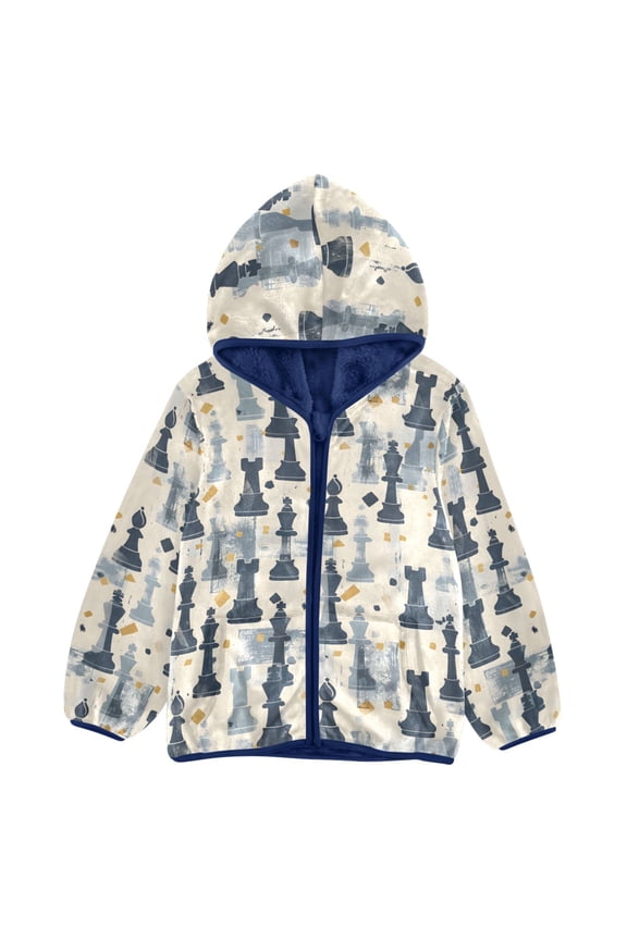 BZSMCE Double-Sided Sherpa Fleece Hooded Zipper Jacket Chess Silhouette Pattern Pattern Batik Dye Method Print Warm Outerwear