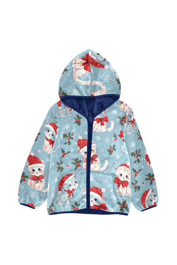 BZSMCE Double-Sided Sherpa Fleece Hooded Zipper Jacket Christmas Cat Pattern Pattern Batik Dye Method Print Warm Outerwear
