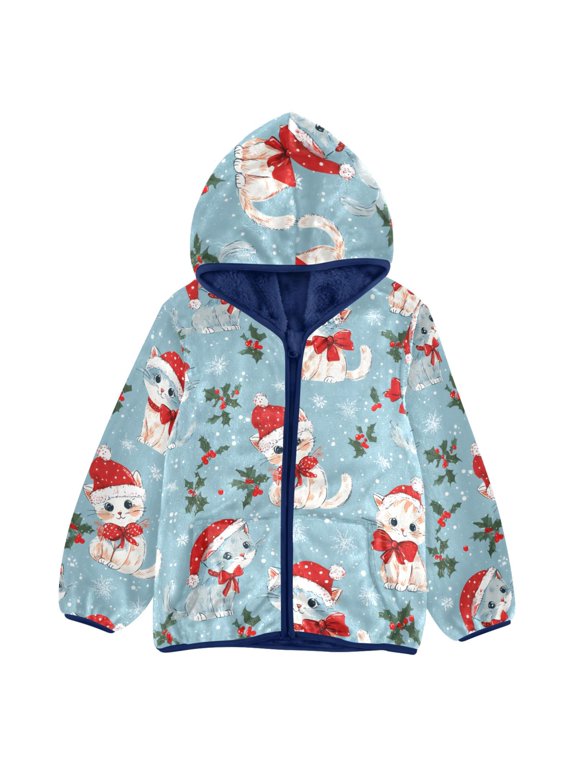 BZSMCE Double-Sided Sherpa Fleece Hooded Zipper Jacket Christmas Cat Pattern Pattern Batik Dye Method Print Warm Outerwear